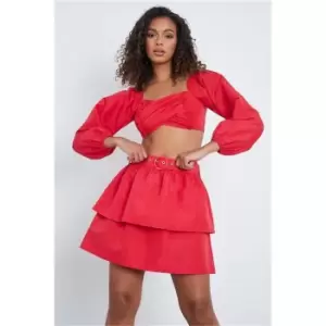 Image of I Saw It First Red Frill Detail Bardot Balloon Sleeve Crop Blouse - Red