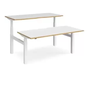 Image of Height Adjustable Desk Back To Back Rectangular Desks 1600mm White/Oak Tops With White Frames Elev8 Touch