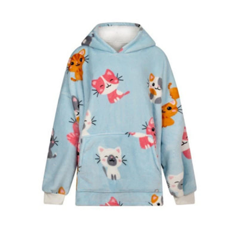 Image of Urban Unique Kitties Sherpa Fleece Hoodie Blanket/throw Blue Oversized