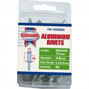 Image of Faithfull Aluminium Pop Rivets 4.8mm 11mm Pack of 50