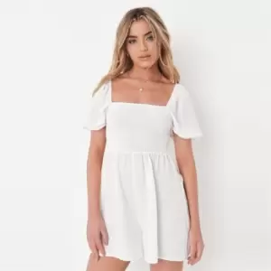 Image of Missguided Puff Sleeve Shirred Playsuit Linen - White