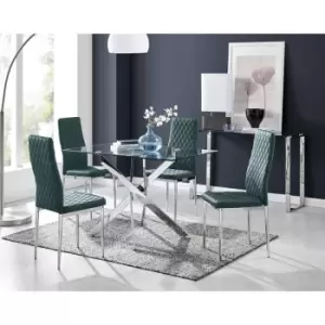 Image of Furniturebox UK - Furniturebox Leonardo 4 Chrome Leg Glass Dining Table and 4 Green Milan Velvet Dining Chairs Diamond Stitch Modern Contemporary