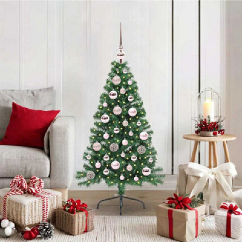 Image of vidaXL Artificial Pre-lit Christmas Tree with Pink Balls Green 120cm PVC, Green 3396991