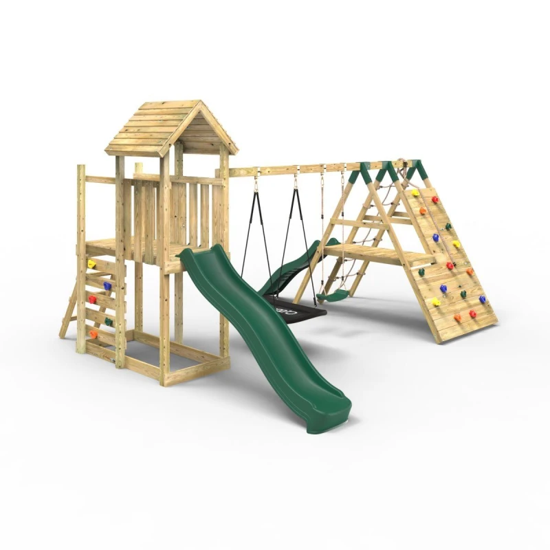 Image of OutdoorToys Extended Tower Garden Wooden Climbing Frame with Swings & Slide for Kids - San Luis in Beige Beige Unisex