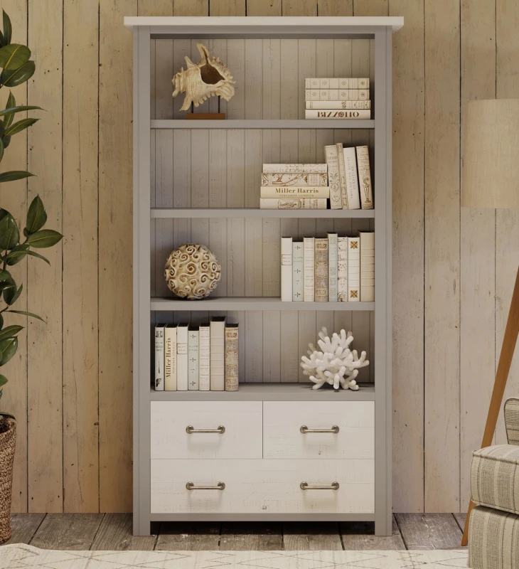 Image of Baumhaus Greystone - Large Open Bookcase with Drawers in Beige Beige Unisex