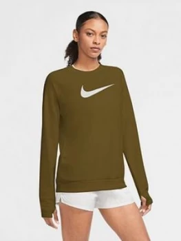 Image of Nike Running Ls Swoosh Crew Top, Olive, Size S, Women