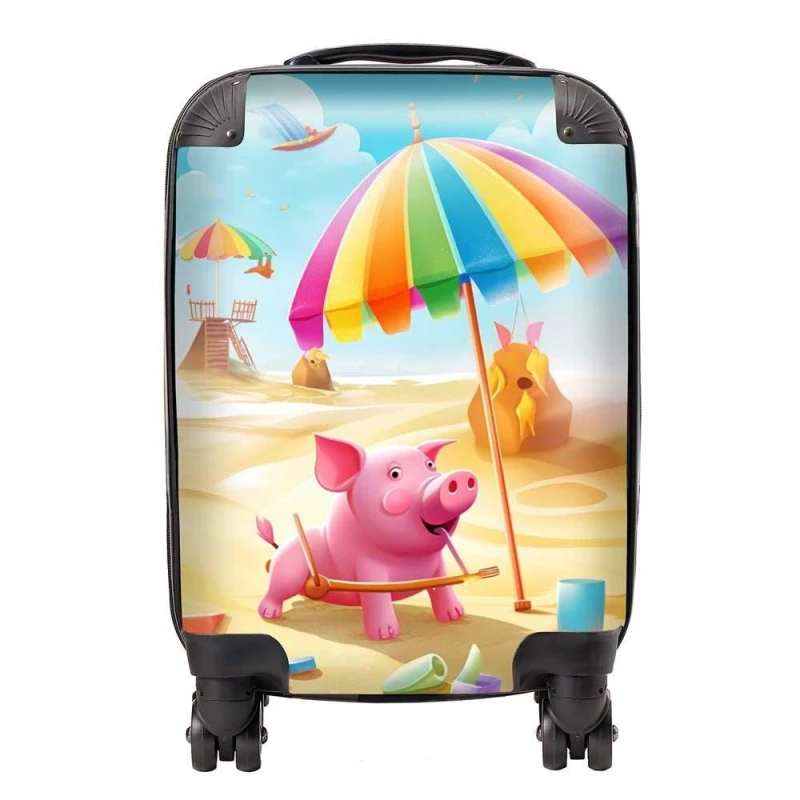 Image of Warren Reed - Designer Pig On A Beach Holiday Suitcase in Yellow Size: Medium Yellow Unisex Medium