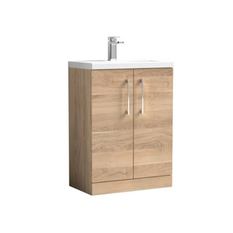 Image of Nuie Hudson Reed Arno Compact Floor Standing 2 Door Vanity Unit With Ceramic Basin, Durable Modern Vanity Unit In Bleached Oak, 600mm