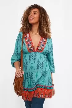 Image of Embroidered V Neck Tiered Hem Pom Pom Detail Kaftan Tunic Dress