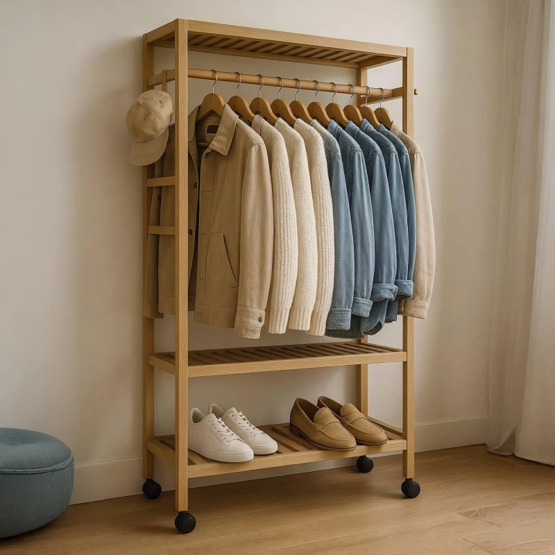 Image of Storvo Bamboo Clothes Rack Portable Open Wardrobe with Shoe Storage in Natural Natural Unisex