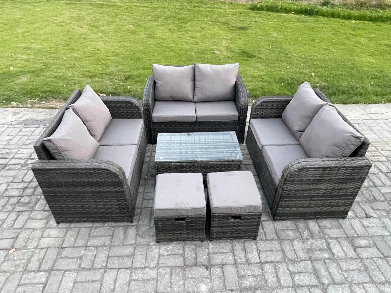 Image of Fimous Outdoor Garden Furniture Sets 8 Seater Wicker Rattan Furniture Sofa Sets with Rectangular Coffee Table Love Sofa 2 Small Footstool Dark Grey