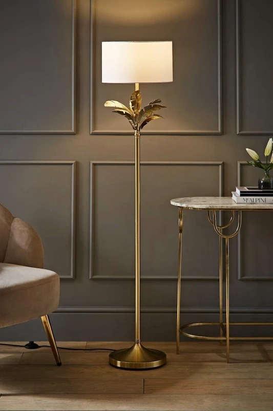 Image of ValueLights ValueLights Christina Fabric Drum Shade Gold Palm Leaf Detail Single Stem Floor Lamp in White White One Size Unisex 5059406065385