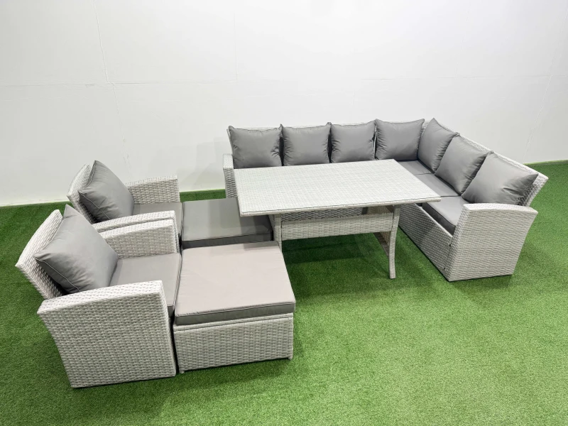 Image of Fimous Rattan Garden Furniture Set Outdoor 10 Seater Dining Corner Sofa Set in Light Grey Light Grey Unisex
