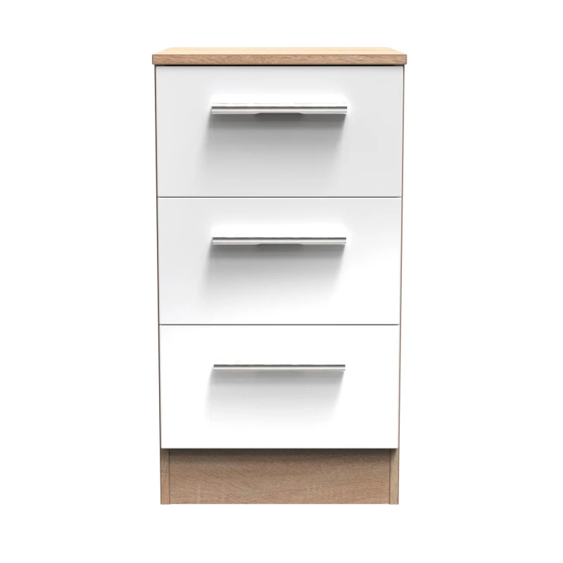 Image of Trent 3 Drawer Bedside Cabinet In White & Bardolino Oak (Ready Assembled)