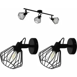 Image of Loops - Ceiling Spot Light & 2x Matching Wall Lights Black Wire Cage Adjustable Lamp