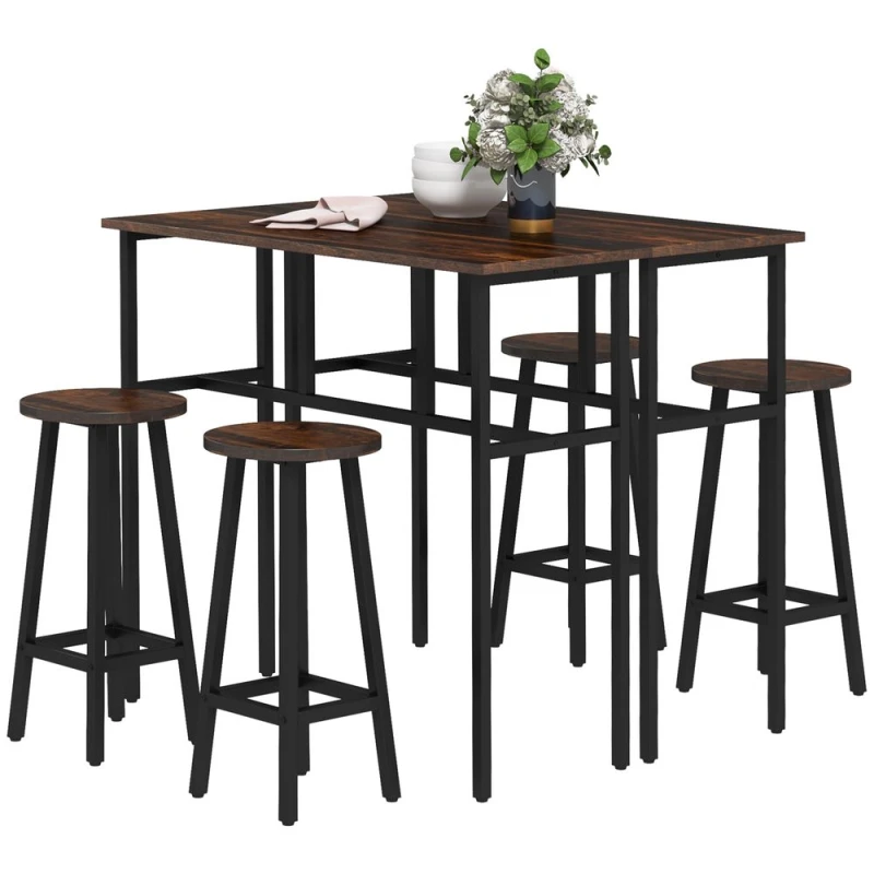Image of HOMCOM 6 Piece Industrial Bar Table Set, 2 Kitchen Tables w/ 4 Stools, Brown 835-678V00RB