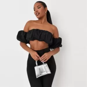 Image of Missguided Coord Ruched Bardot Crop Top Jacquard - Black