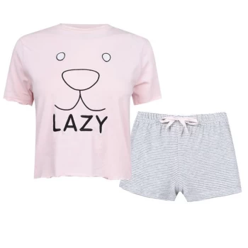 Image of Fabric Velvet Stripe Shorts Soft Pyjama Set with Lazy Slogan - Baby Pink