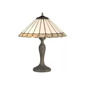 Image of Luminosa Lighting - 2 Light Curved Table Lamp E27 With 40cm Tiffany Shade, Grey, Crystal, Aged Antique Brass