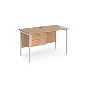 Image of Rectangular Straight Desk Beech Wood H-Frame Legs White Maestro 25 1200 x 600 x 725mm 2 Drawer Pedestal