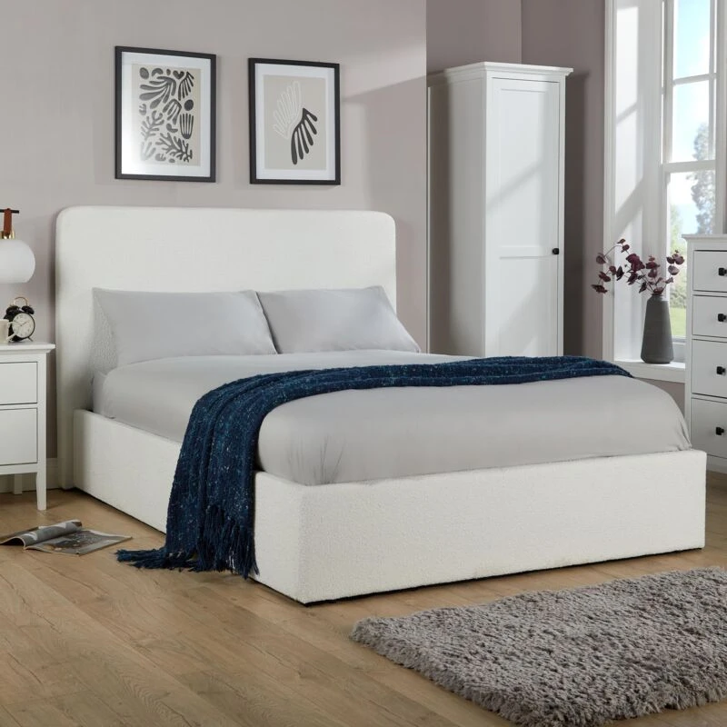 Image of Home Source Ottoman Upholstered Storage Bed Gas Lift Cream Boucle Finish Cream