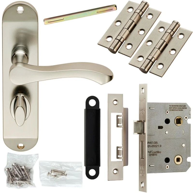 Image of Loops Door Handle & Bathroom Lock Pack Satin Chrome Scroll Lever Thumb Turn Backplate Multi