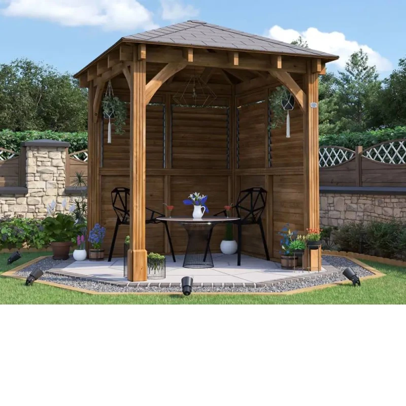 Image of Dunster House Wooden Gazebo Kit Louvre Walled 2.5M X 2.5M Heavy Duty Garden Shelter Roof Shingles Leviathan