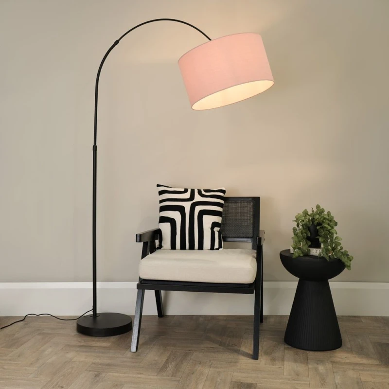 Image of ValueLights Louis Black Arched Curved Floor Lamp with Fabric Drum Lamp Shade and LED Bulb Dusty Pink