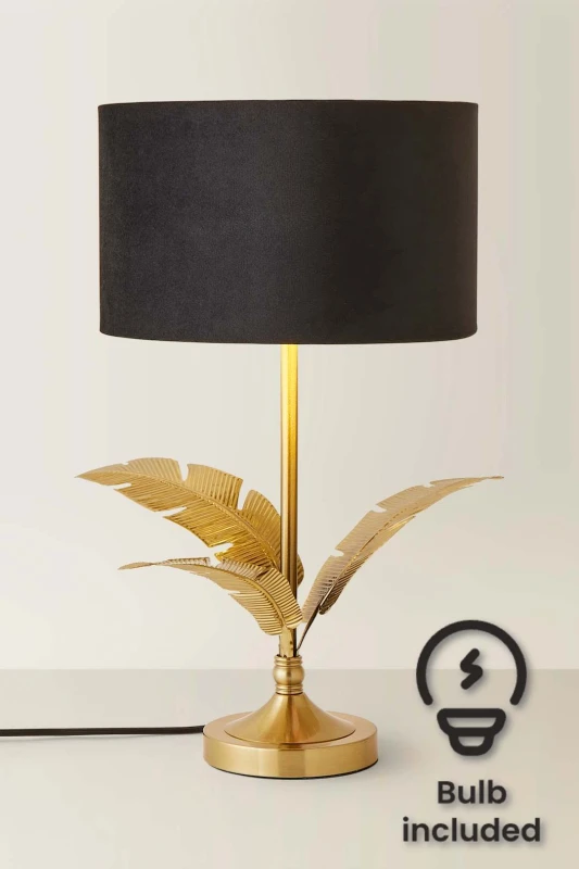 Image of ValueLights ValueLights Christina Velvet with Gold Inner Drum Shade Gold Palm Leaf Table Lamp with Bulb in Black One Size Unisex 5059406067327