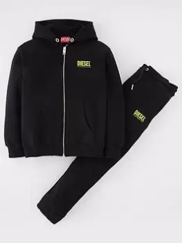 Image of Diesel Boys Logo Zip Through Hoodie Jog Set - Black, Size Age: 14 Years