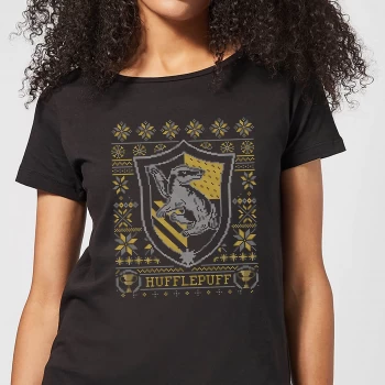 Image of Harry Potter Hufflepuff Crest Womens Christmas T-Shirt - Black - M