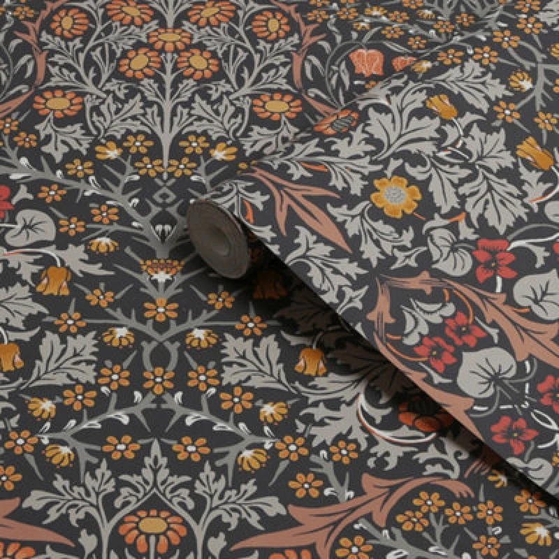 Image of William Morris Gallery Collection Charcoal & Burnt Orange Blackthorn Smooth Wallpaper