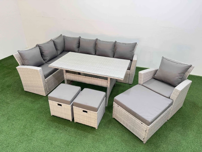 Image of Fimous 10 Seater Rattan Garden Furniture Set Dining Table Chair 3 Footstools in Light Grey Light Grey Unisex