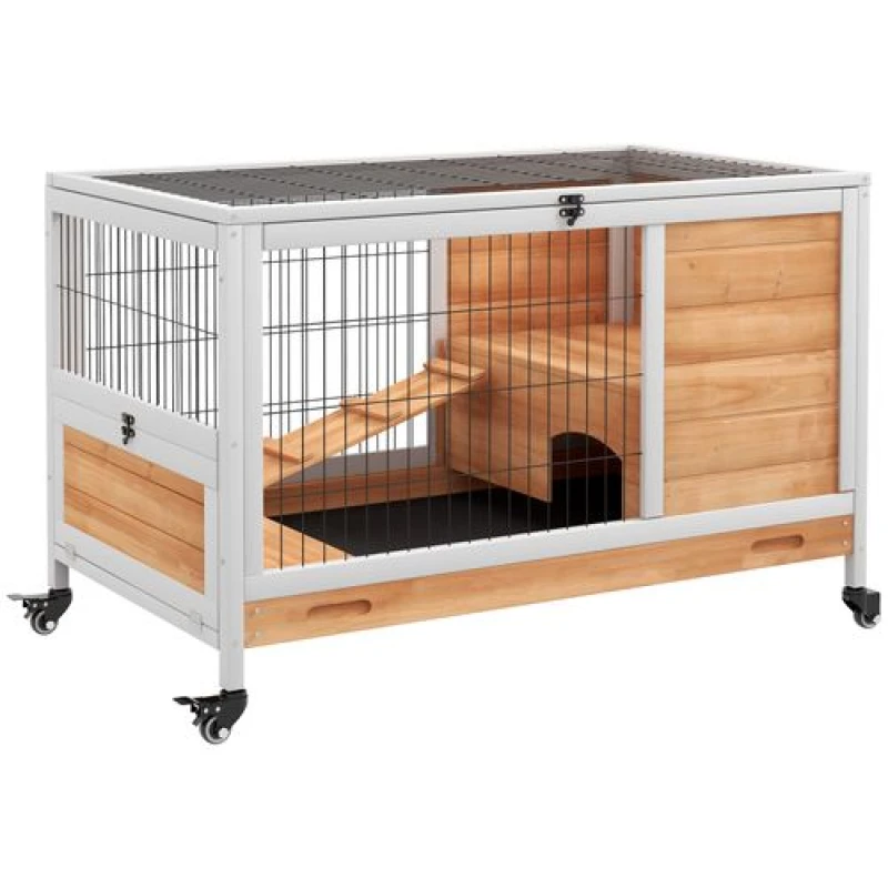 Image of PawHut Wood Indoor Rabbit Hutch 2-Floor Design w/ Wheels, Yellow - Pawhut 5056725577674