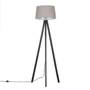 Image of Barbro Dark Wood Tripod Floor Lamp with Grey Doretta Shade