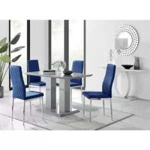 Image of Furniturebox Imperia 4 High Gloss Grey Modern Dining Table and 4 Navy Milan Faux Leather Dining Chairs With Silver Legs Diamond Stitch Modern