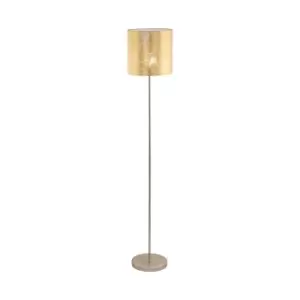 Image of Floor Lamp Light Champagne Base Slim Stem Shade Gold Fabric Bulb E27 1x60W