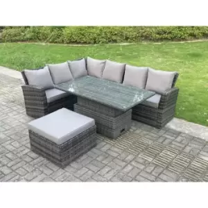 Image of Fimous 6 Seater Outdoor Dark Grey Rattan Lounge Complete Sofa Set Left Side with Adjustable Dining Table and Big Footstool