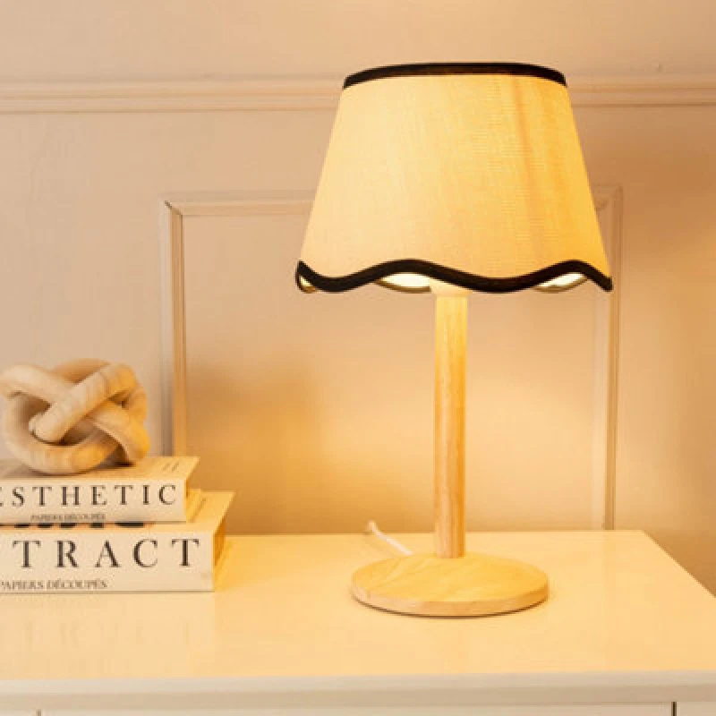 Image of ValueLights Triston Natural Light Wood Table Lamp with Scallop Trim Tapered Shade & LED Bulb Black