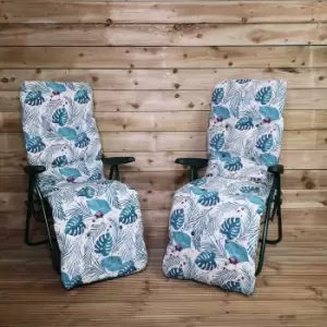 Image of Pack of Two Padded Outdoor Garden Patio Recliners / Sun Loungers with Tropical Leaf Design