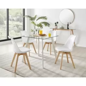 Image of Furniturebox UK - Furniturebox Seattle Glass and White Leg Square Dining Modern Industrial Dining Table & 4 White Stockholm Wooden Leg Faux Leather