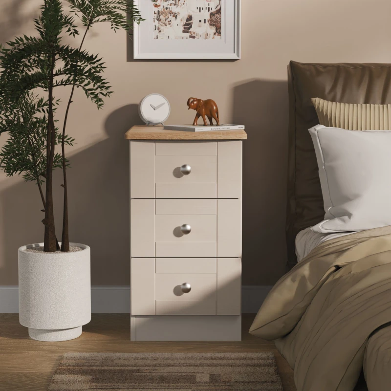 Image of Welcome Furniture Ready Assembled Sussex 3 Drawer Bedside Cabinet In Kashmir Ash & Bardolino Oak, Cream SUS001KABO