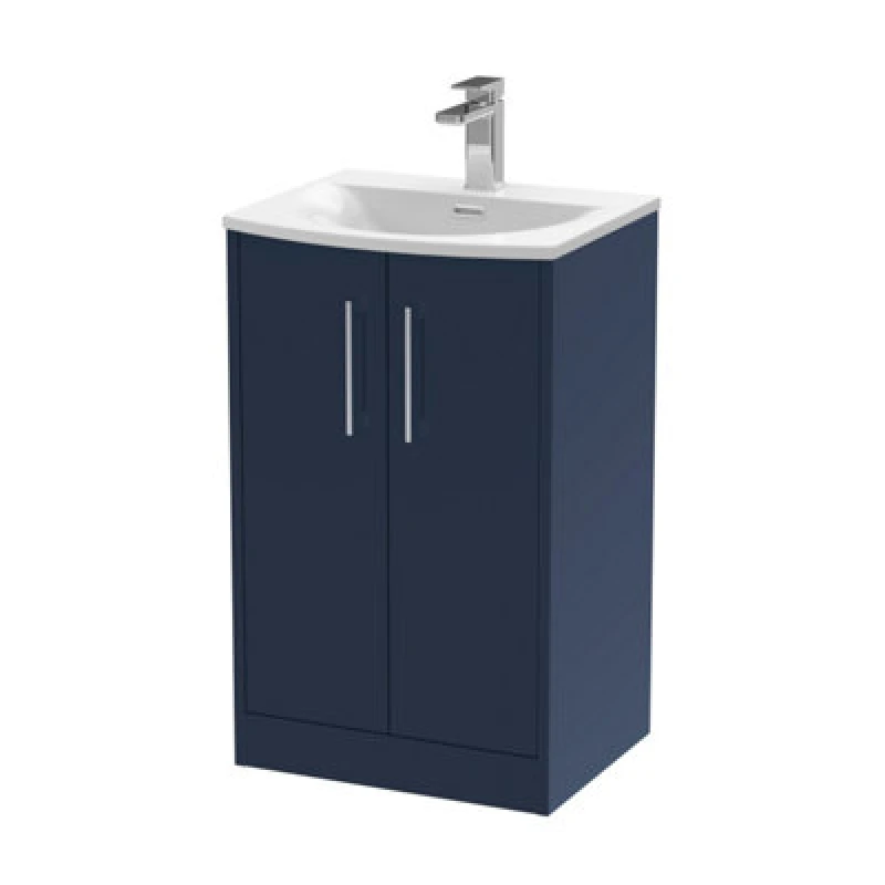 Image of Hudson Reed Juno Floor Standing 2-Door Vanity & Curved 1 Tap Hole Basin, Refined Sink Vanity Unit, Midnight Blue