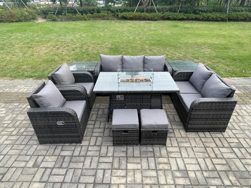 Image of Fimous 9 Seater PE Wicker Outdoor Rattan Garden Furniture Set Propane Gas Fire Pit Table and Sofa Chair set with 2 Side Tables 2 Footstools Dark Grey