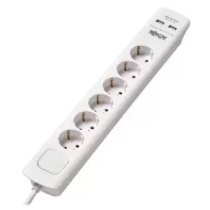 Image of Tripp Lite TLP6G18USB 6-Outlet Surge Protector with USB Charging - German Type F Schuko Outlets 220-250V 16A Schuko Plug White