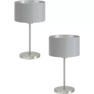 Image of 2 PACK Table Lamp Colour Satin Nickel Steel Shade Grey Silver Fabric E27 1x60W