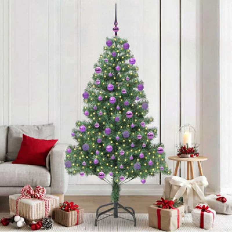 Image of vidaXL Christmas Tree with 300 LEDs, Lilac Balls with Stand Green 210cm PVC, Green 3396395