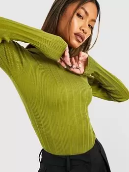 Image of Boohoo Rib Knitted Top - Olive, Green, Size 10, Women