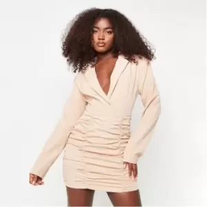 Image of Missguided Ruched Skirt Plunge Blazer Dress - Beige