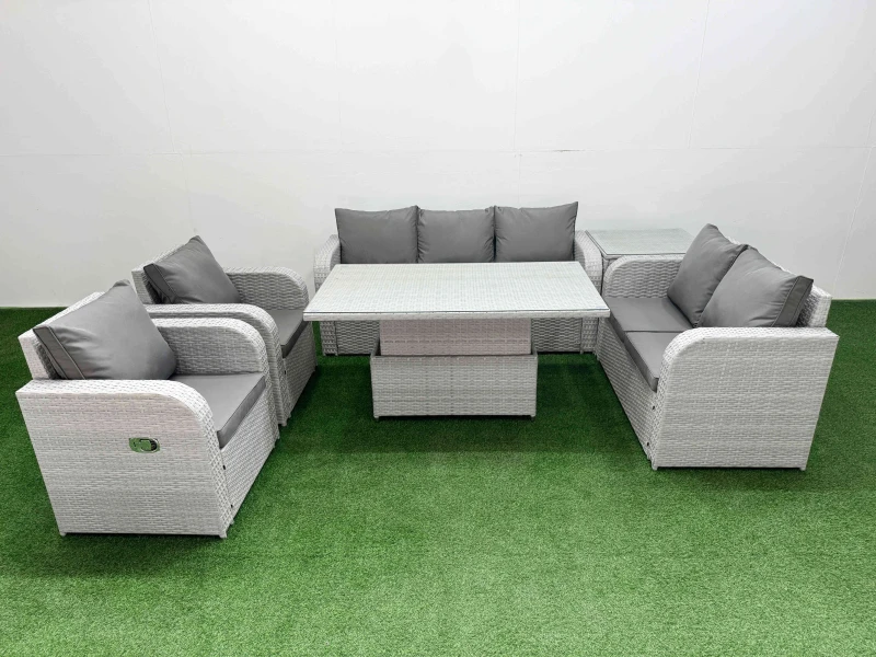 Image of Fimous PE Rattan Garden Furniture Set Reclining Chair Sofa Double Love Seat 2 Seater Sofa Lounge Set Adjustable Lifting Dining or Coffee Table Side Ta